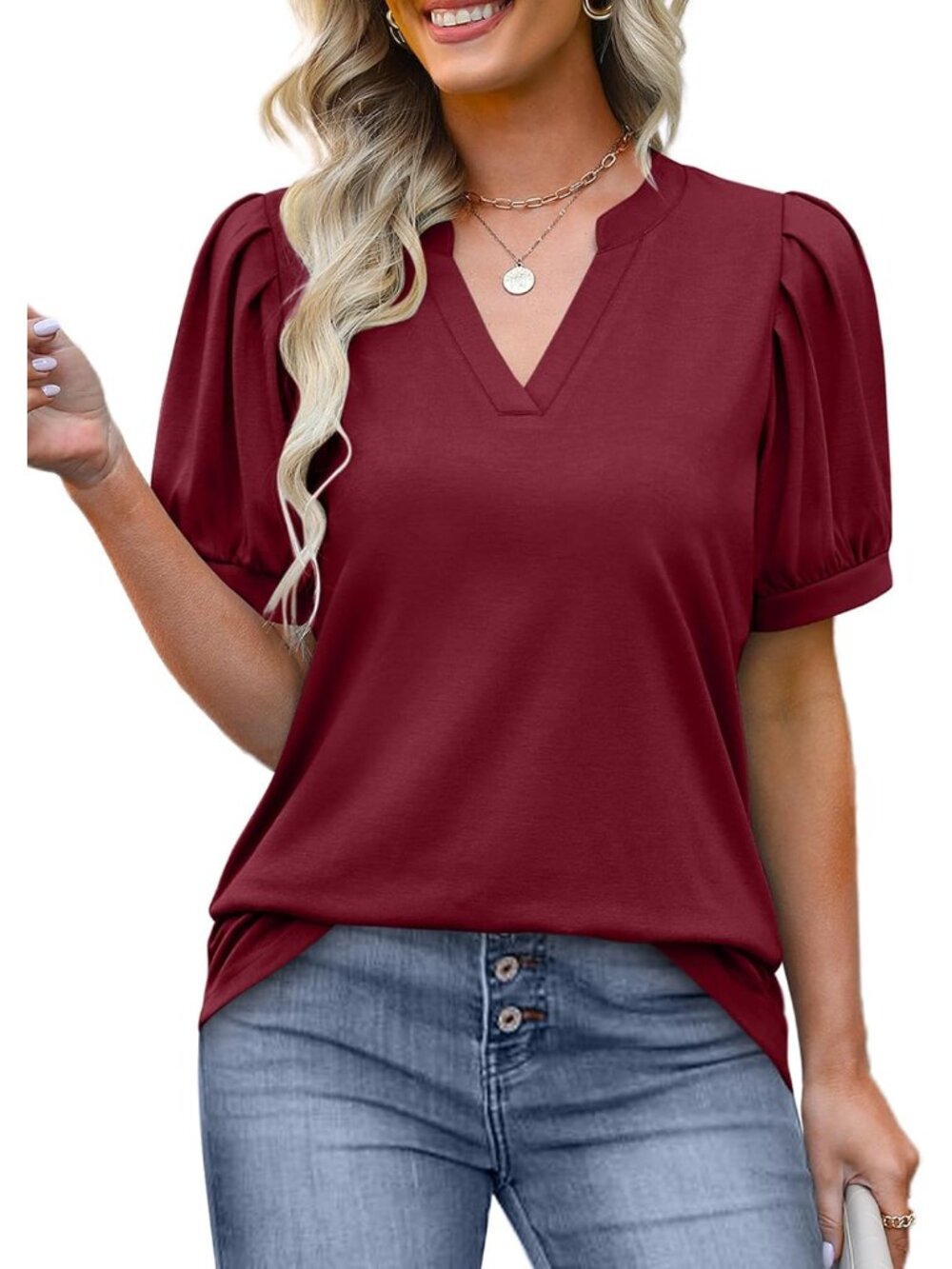 Women's Pleated Puff Sleeve Tops Summer V Neck Tunic Shirts Loose Curved Hem Blo